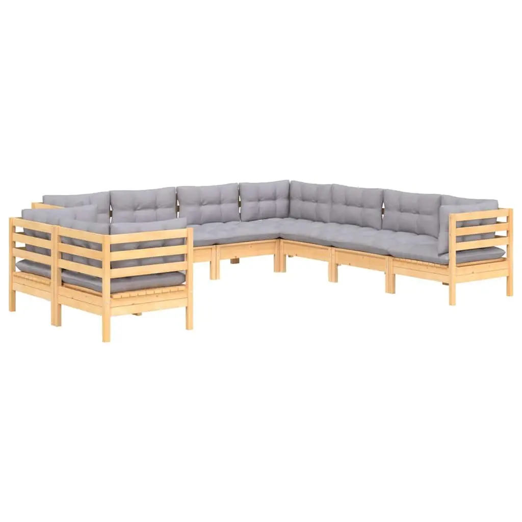 Garden Lounge Set Solid Pinewood 9 Piece Modular Outdoor Furniture Grey Cushions