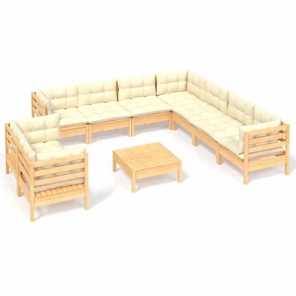 Garden Lounge Set Pinewood 10 Piece Outdoor Patio Furniture Cream Cushions