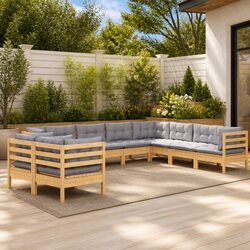 10 Piece Garden Lounge Set with Durable Grey Cushions