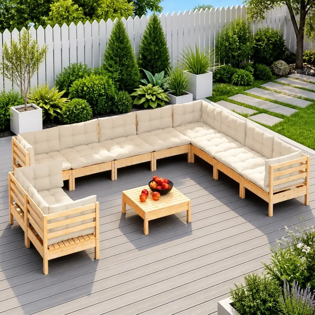 Garden Lounge Set Solid Pinewood 11 Piece Modular Outdoor Patio Furniture Cream Cushions