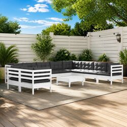 11-Piece White Pinewood Garden Lounge Set for Outdoors