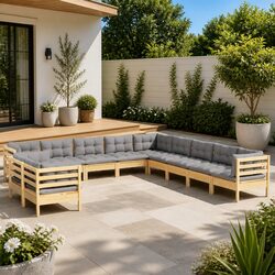Solid Pinewood Garden Lounge Set with Grey Cushions - 11 Pieces