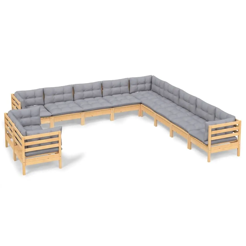 Garden Lounge Set 11 Piece Outdoor Furniture with Grey Cushions Solid Pinewood