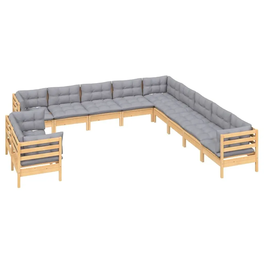 Garden Lounge Set 11 Piece Outdoor Furniture with Grey Cushions Solid Pinewood