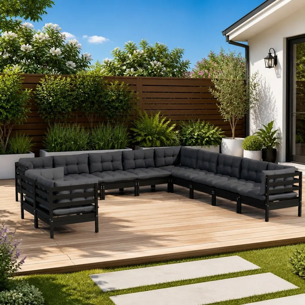 Modular Garden Lounge Set 11 Piece Black with Cushions