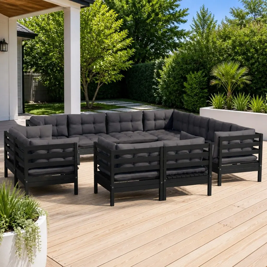 Garden Lounge Set Solid Pinewood 11 Piece Outdoor Furniture Black with Cushions