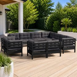 High-Quality Black Pinewood 11-Piece Garden Lounge Set