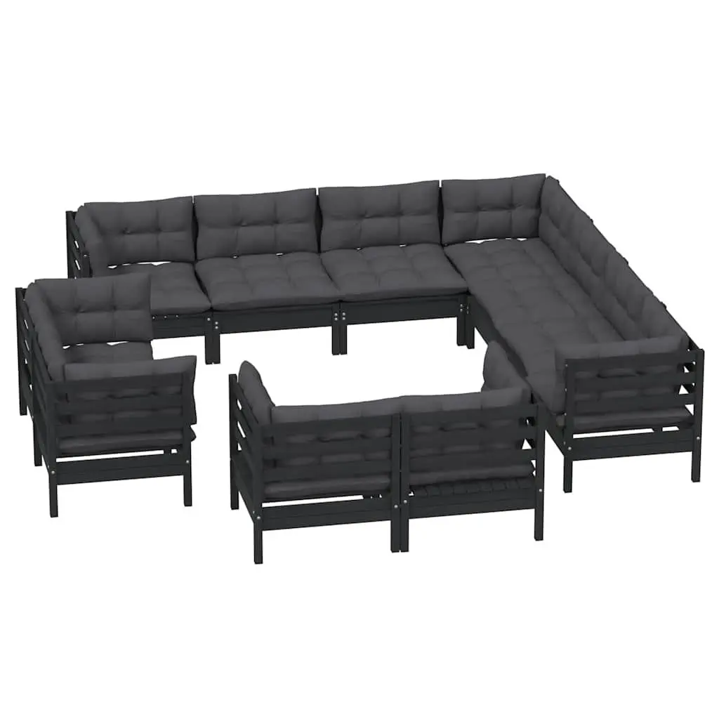 Garden Lounge Set Solid Pinewood 11 Piece Outdoor Furniture Black with Cushions