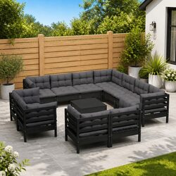 Durable 12 Piece Black Pinewood Garden Lounge Set