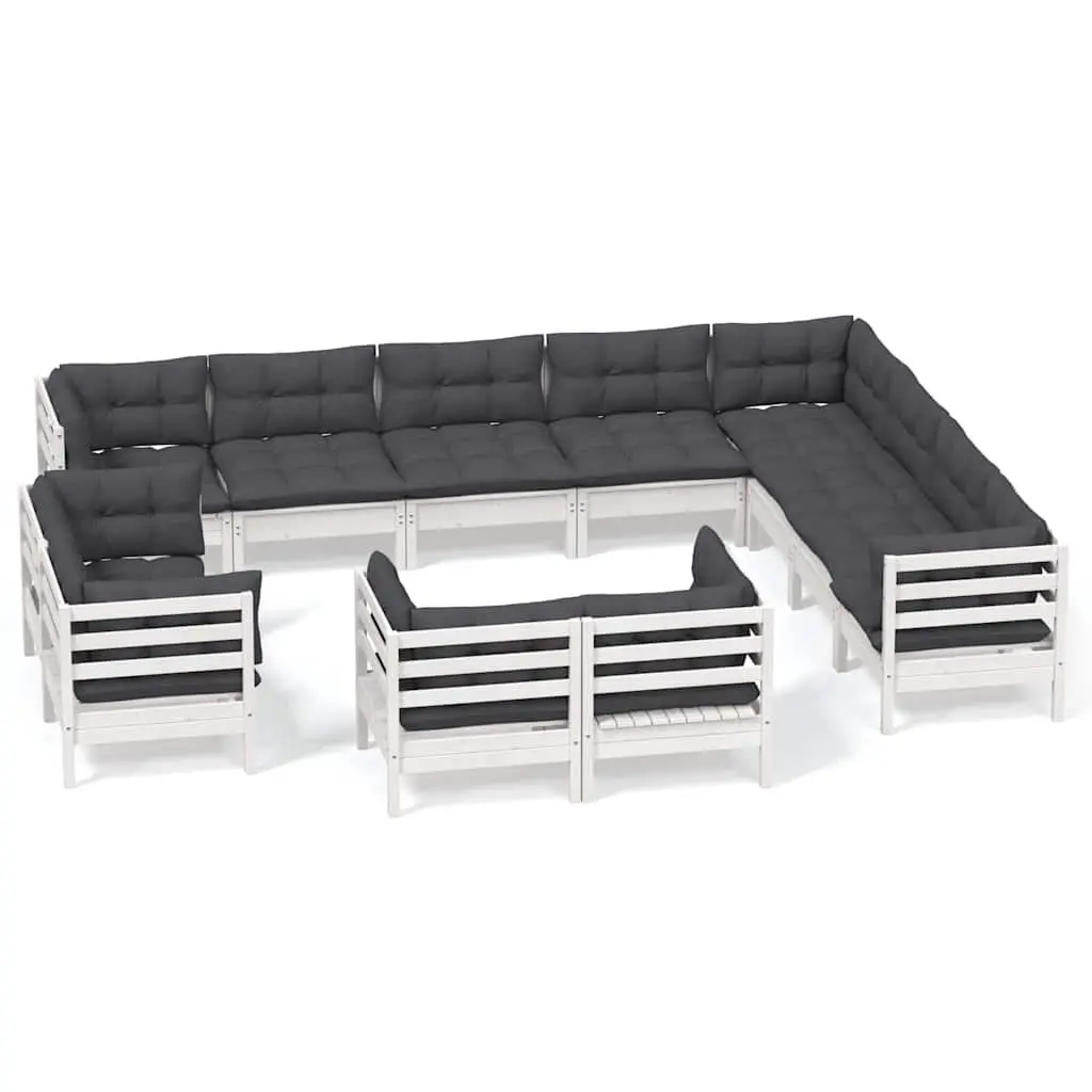 Garden Lounge Set Solid Pinewood 12 Piece Outdoor Patio Furniture White with Cushions