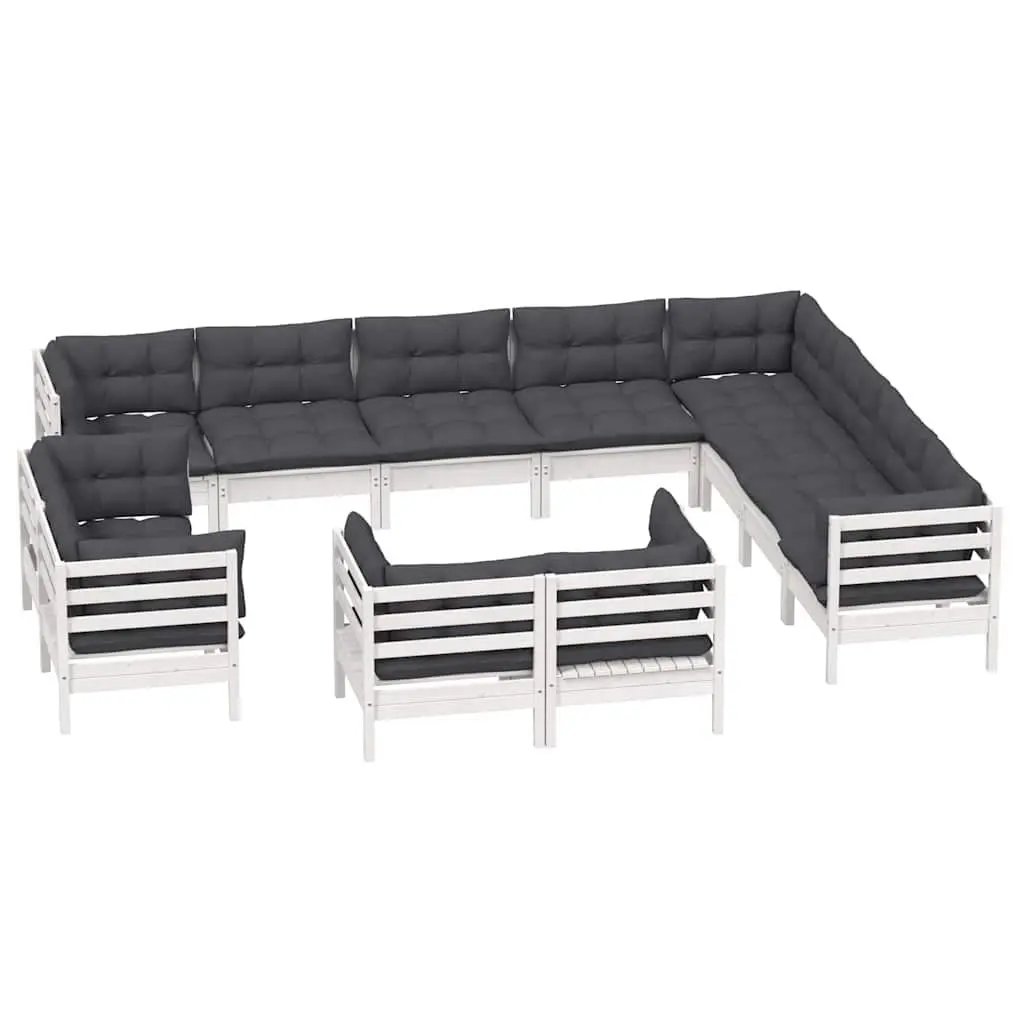 Garden Lounge Set Solid Pinewood 12 Piece Outdoor Patio Furniture White with Cushions
