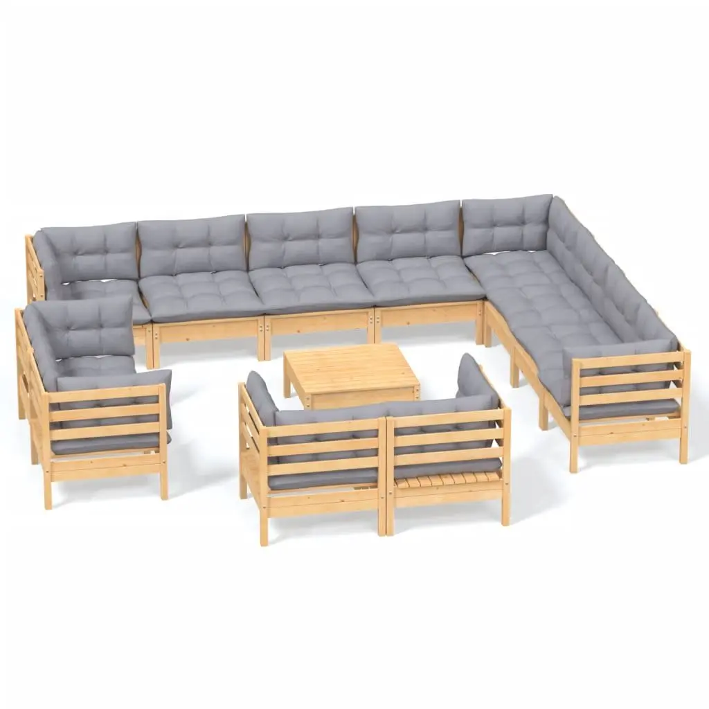 Garden Lounge Set Solid Pinewood 13 Piece Outdoor Patio Furniture Grey Cushions Modular