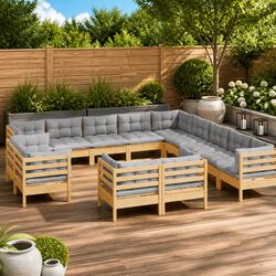 13-Piece Grey Cushioned Garden Lounge Set in Pinewood