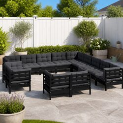 Premium 13 Piece Black Garden Lounge Set with Cushions