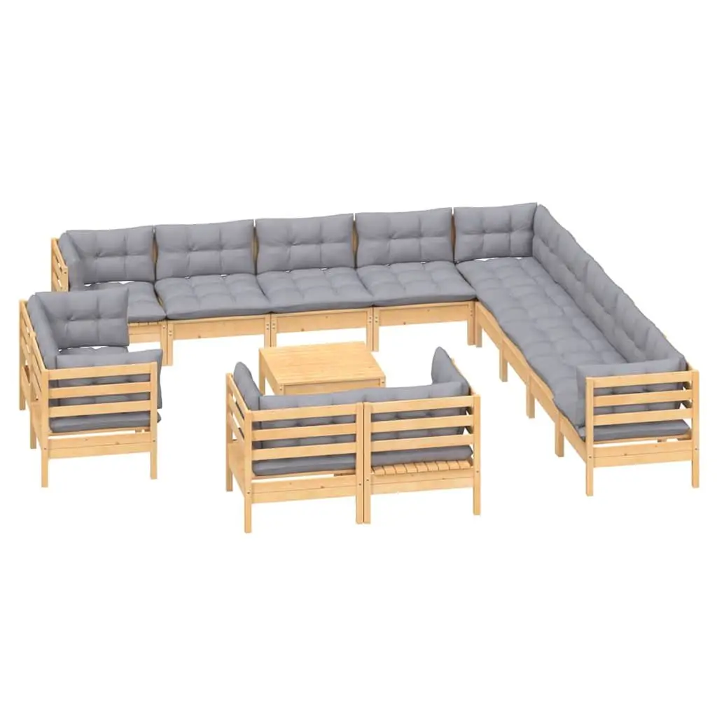 Garden Lounge Set Solid Pinewood 14 Piece Grey Cushions