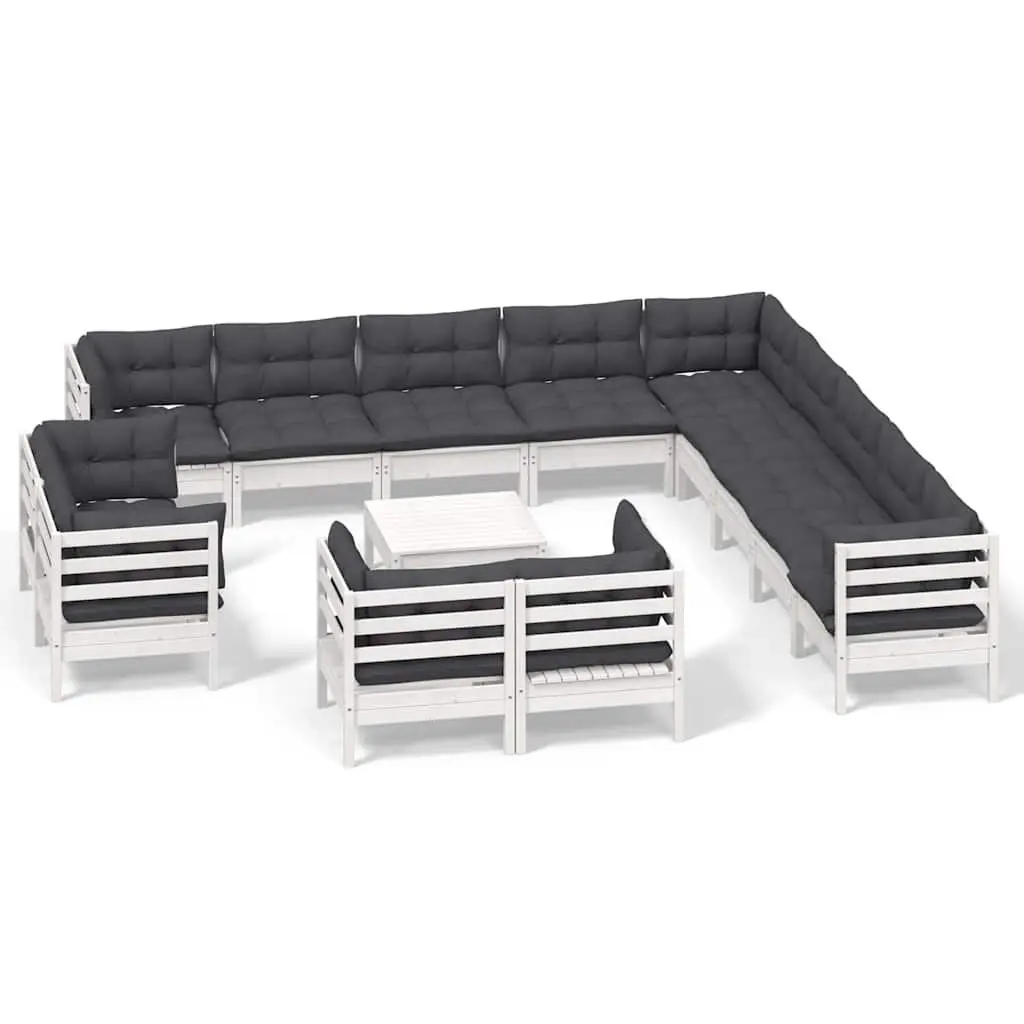 Garden Lounge Set Solid Pinewood 14 Piece Outdoor Patio Furniture with Cushions White Modular