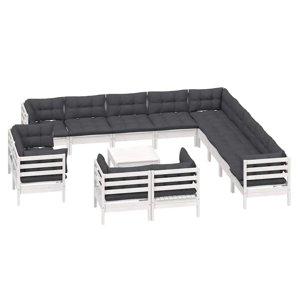 Garden Lounge Set Solid Pinewood 14 Piece Outdoor Patio Furniture with Cushions White Modular