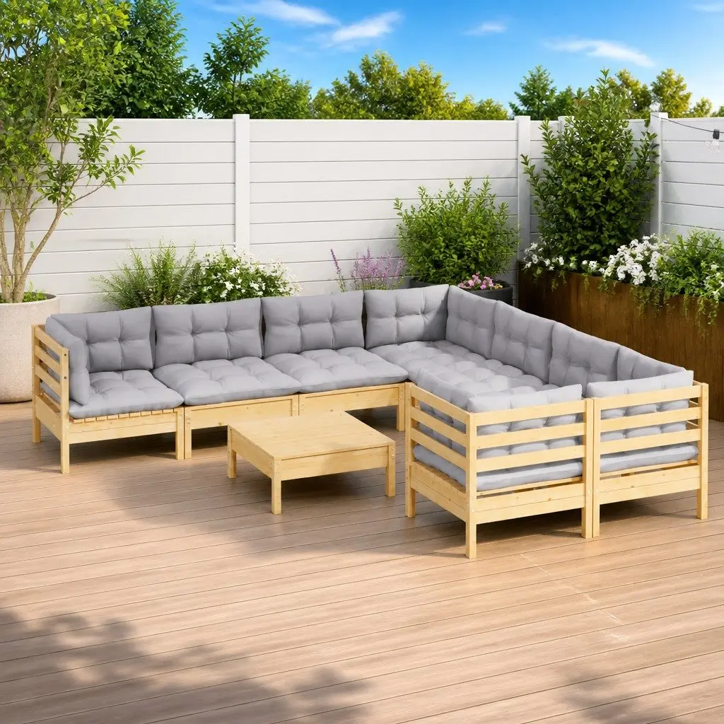 9 Piece Outdoor Patio Furniture Set with Grey Cushions