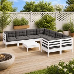 9-Piece White Pinewood Outdoor Lounge Set with Cushions