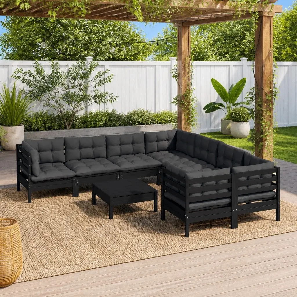 9 Piece Black Pinewood Modular Garden Lounge Set