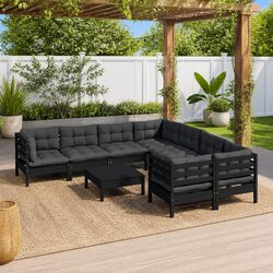 Premium 9 Piece Black Pinewood Modular Garden Lounge Set