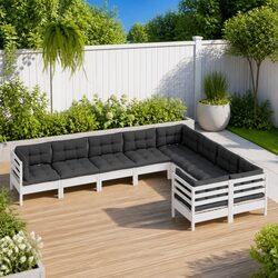 Sturdy 9-Piece White Pinewood Garden Lounge Set with Cushions