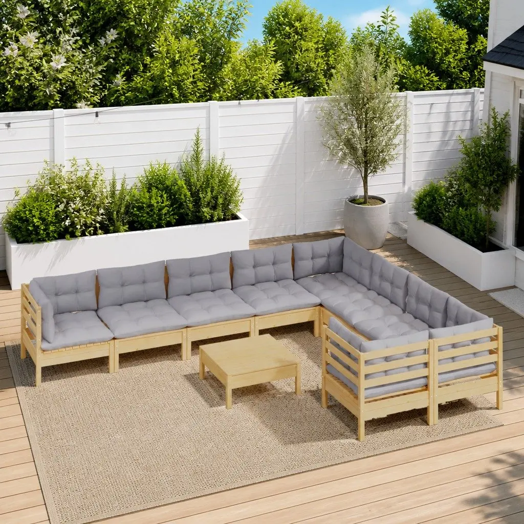 Garden Lounge Set Solid Pinewood 10 Piece Modular Outdoor Furniture Grey Cushions