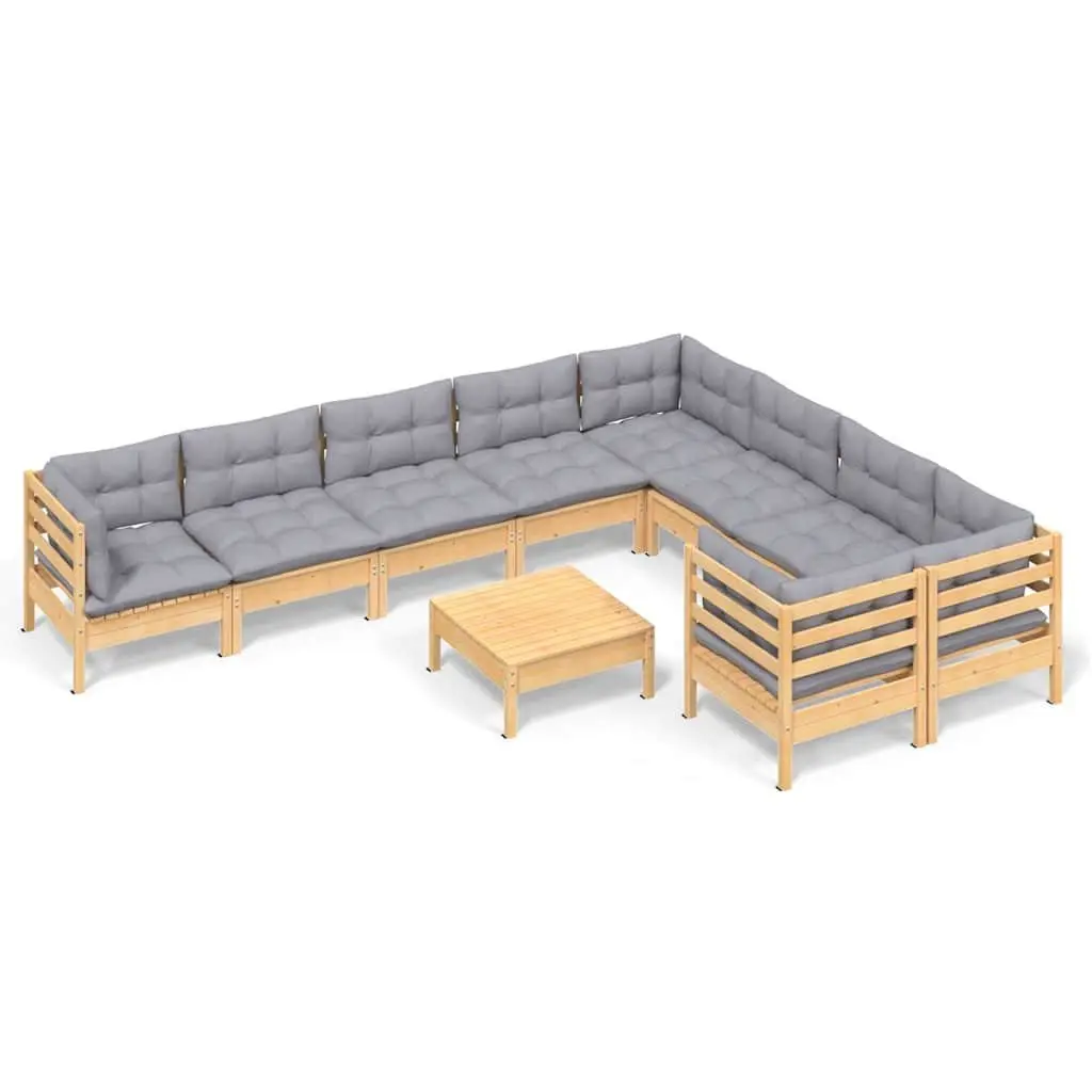 Garden Lounge Set Solid Pinewood 10 Piece Modular Outdoor Furniture Grey Cushions