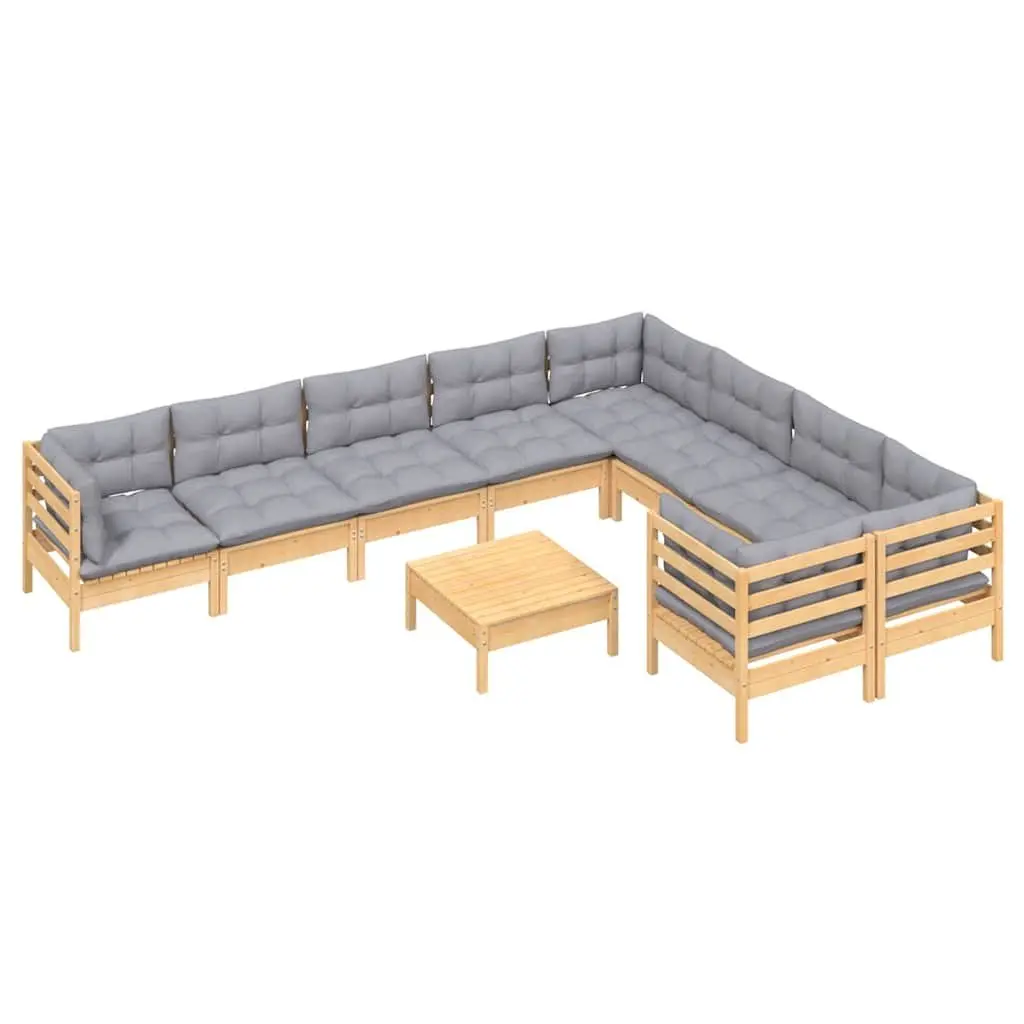 Garden Lounge Set Solid Pinewood 10 Piece Modular Outdoor Furniture Grey Cushions
