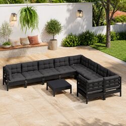 Premium Black Pinewood 10-Piece Garden Lounge Set