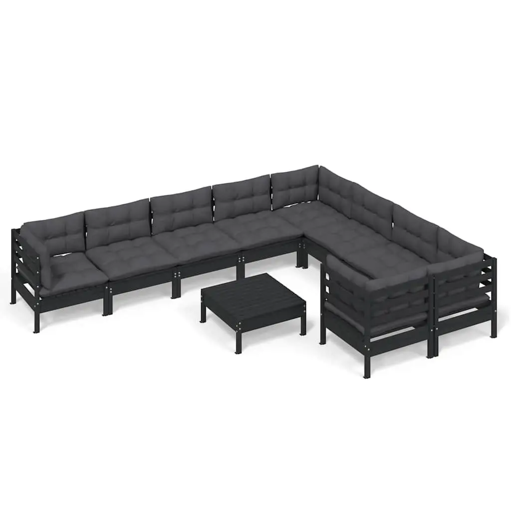Garden Lounge Set Pinewood 10 Piece Outdoor Patio Furniture Black with Cushions