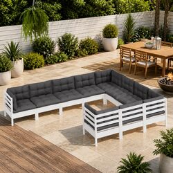 10 Piece White Pinewood Garden Lounge Set with Cushions