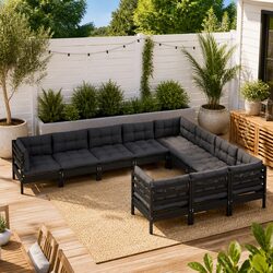 10-Piece Black Garden Lounge Set with Cushions