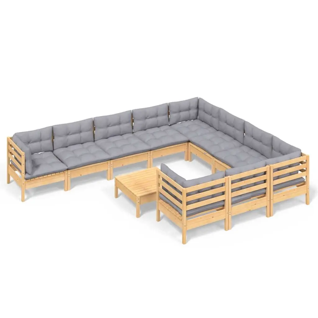 Garden Lounge Set Solid Pinewood 11 Piece Modular Outdoor Patio Furniture Grey Cushions
