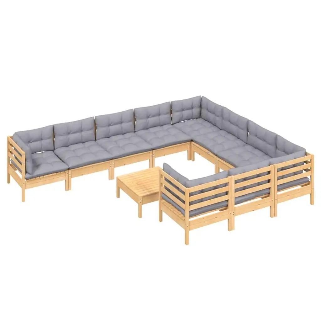 Garden Lounge Set Solid Pinewood 11 Piece Modular Outdoor Patio Furniture Grey Cushions