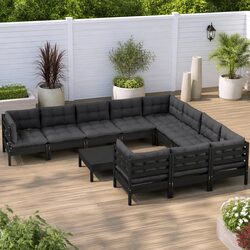 Sturdy Black Pinewood 11 Piece Garden Lounge Set with Cushions