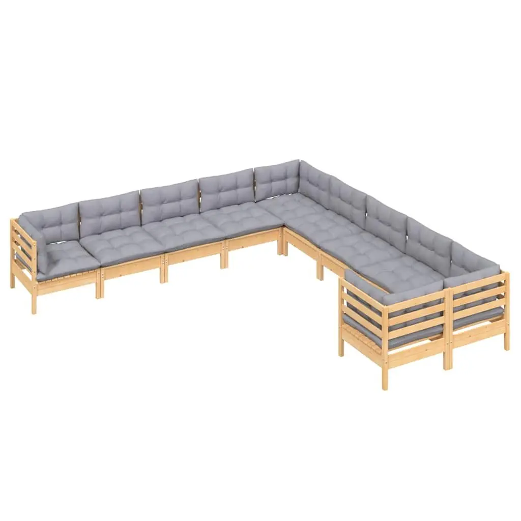 Garden Lounge Set Solid Pinewood 10 Piece Outdoor Patio Furniture Grey Cushions