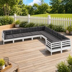 10-Piece White Pinewood Garden Lounge Set with Cushions