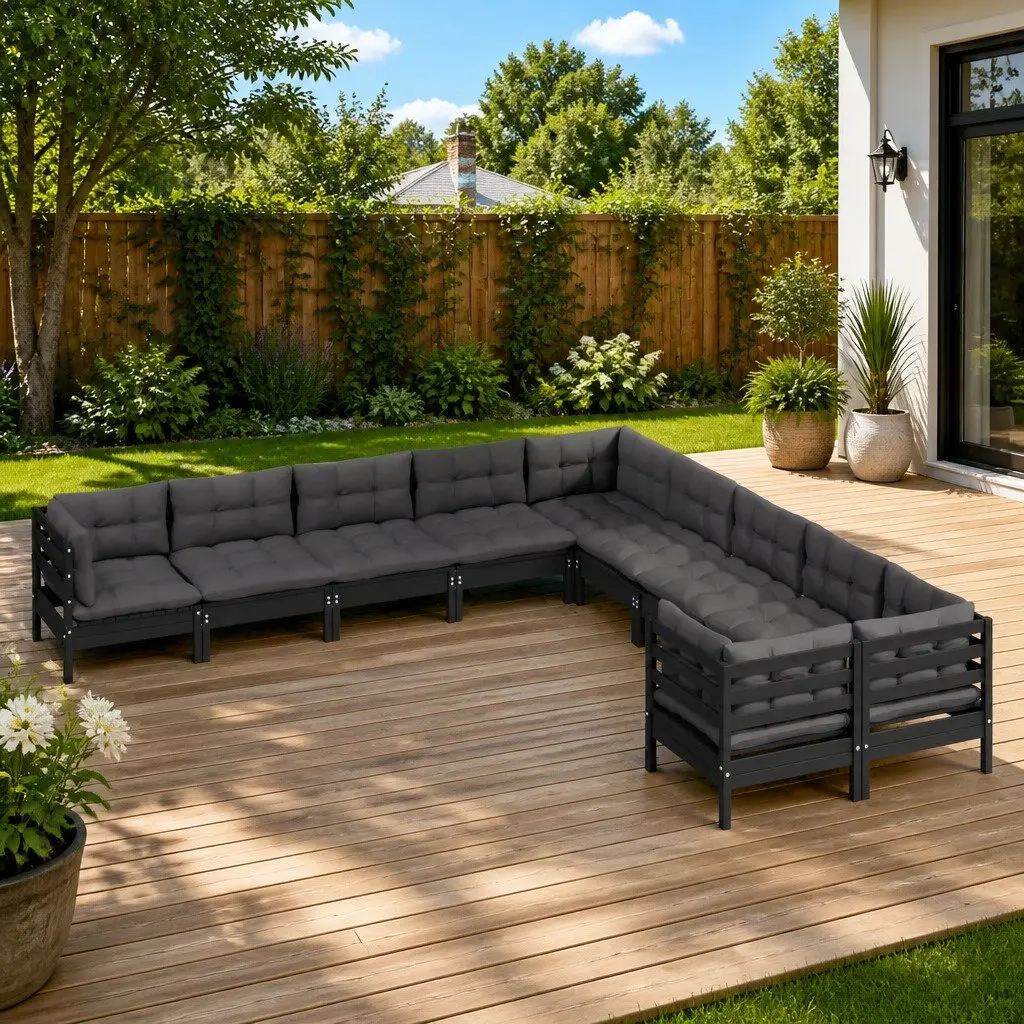 Garden Lounge Set Solid Pinewood 10 Piece Outdoor Patio Furniture Black with Cushions