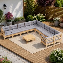 Sturdy 11-Piece Wooden Garden Lounge Set with Grey Cushions