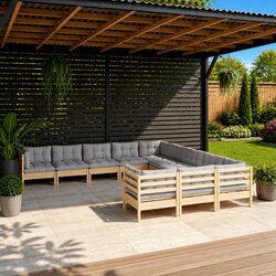 Sturdy 11 Piece Outdoor Garden Lounge Set with Grey Cushions