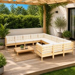 11-Piece Pinewood Garden Lounge Set with Cream Cushions
