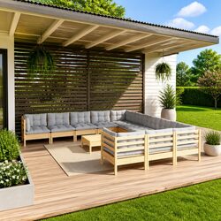 Sturdy 12 Piece Wooden Garden Lounge Set with Grey Cushions