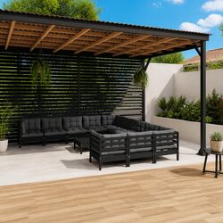 12-Piece Black Pinewood Garden Lounge Set with Cushions