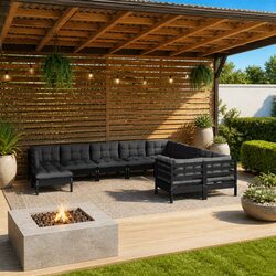 Premium 10-Piece Black Pinewood Garden Lounge Set with Cushions