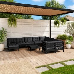 Premium 11 Piece Black Pinewood Garden Lounge Set