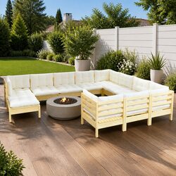 Garden Lounge Set 11 Piece Outdoor Patio Furniture Pinewood with Cream Cushions