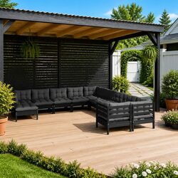 Durable 11 Piece Black Pinewood Garden Lounge Set