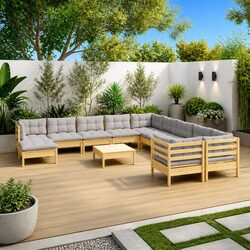 Durable 12 Piece Pinewood Garden Lounge Set with Grey Cushions
