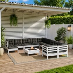 12-Piece White Pinewood Garden Lounge Set with Cushions